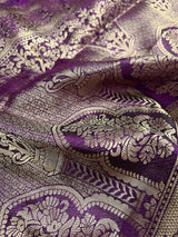 Purple Eggplant Banarasi saree in soft silk with paithani-style borders with muted gold buttis — Kaash Collection