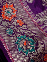 Purple Saree with Eggplant tone Soft Silk Saree with Paithani Style Borders - Muted Gold Buttis - Kaash