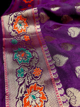Purple Saree with Eggplant tone Soft Silk Saree with Paithani Style Borders - Muted Gold Buttis - Kaash