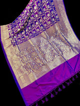 Purple with tint of blue Pure Banarasi Handwoven Katan Silk Saree | Muted Gold & Silver Zari Floral Jaal | Silk Mark Certified - Kaash