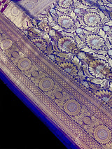 Purple with tint of blue Pure Banarasi Handwoven Katan Silk Saree | Muted Gold & Silver Zari Floral Jaal | Silk Mark Certified - Kaash