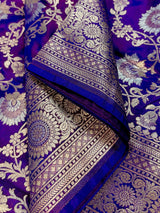 Purple with tint of blue Pure Banarasi Handwoven Katan Silk Saree | Muted Gold & Silver Zari Floral Jaal | Silk Mark Certified - Kaash