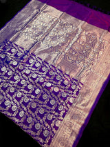 Purple with tint of blue Pure Banarasi Handwoven Katan Silk Saree | Muted Gold & Silver Zari Floral Jaal | Silk Mark Certified - Kaash