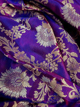 Purple with tint of blue Pure Banarasi Handwoven Katan Silk Saree | Muted Gold & Silver Zari Floral Jaal | Silk Mark Certified - Kaash