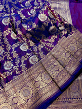 Purple with tint of blue Pure Banarasi Handwoven Katan Silk Saree | Muted Gold & Silver Zari Floral Jaal | Silk Mark Certified - Kaash