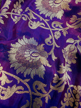 Purple with tint of blue Pure Banarasi Handwoven Katan Silk Saree | Muted Gold & Silver Zari Floral Jaal | Silk Mark Certified - Kaash