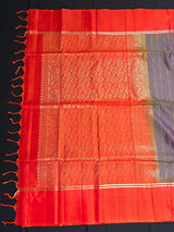 Silk Mark Certified Purple with Yellow Hue Pure Kanjivaram saree in pure kanjivaram soft silk with zari stripes with contrast orange pallu — Kaash Collection