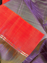 Silk Mark Certified Purple with Yellow Hue Pure Kanjivaram saree in pure kanjivaram soft silk with zari stripes with contrast orange pallu — Kaash Collection
