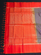 Purple with Yellow hue Pure Kanjivaram Soft Silk Handloom Saree with Orange Pallu and Blouse | Muted Zari Work | SILK MARK CERTIFIED - Kaash