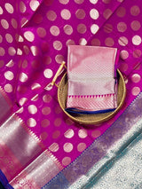 Purplish Pink with Blue & Green Pallu Banarasi saree in banarasi soft silk with wide border with blue-green pallu — Kaash Collection