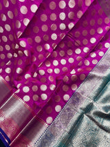 Purplish Pink with Blue & Green Pallu Banarasi saree in banarasi soft silk with wide border with blue-green pallu — Kaash Collection