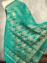 Rama Green Banarasi Floral Designer dupatta in banarasi silk (non-pure) with floral jaal designer with muted gold zari — Kaash Collection