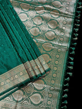 Rama Green Banarasi saree in banarasi semi pure mashru with all-over tanchoi with banarasi gold border & pallu — Kaash Collection