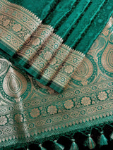 Rama Green Banarasi saree in banarasi semi pure mashru with all-over tanchoi with banarasi gold border & pallu — Kaash Collection