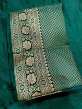Rama Green Banarasi saree in banarasi semi pure mashru with all-over tanchoi with banarasi gold border & pallu — Kaash Collection