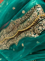 Rama Green Net Dupatta, Gold Zari Sequin Beadwork, Indian Wedding Wear - Kaash