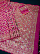 Rani Pink Banarasi saree in handloom banarasi silk with silver & gold zari floral jaal — Kaash Collection