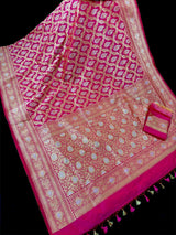 Rani Pink Banarasi saree in handloom banarasi silk with silver & gold zari floral jaal — Kaash Collection