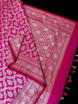 Rani Pink Banarasi saree in handloom banarasi silk with silver & gold zari floral jaal — Kaash Collection