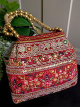 Raw Silk Floral Light Weight Potli Bag - Kaash