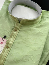 Pista Green men's kurta pajama in raw silk (non-pure) with self-design with fancy neckline — Kaash Collection