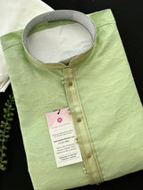 Pista Green men's kurta pajama in raw silk (non-pure) with self-design with fancy neckline — Kaash Collection