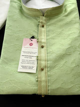 Pista Green men's kurta pajama in raw silk (non-pure) with self-design with fancy neckline — Kaash Collection
