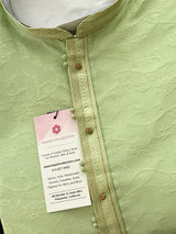 Pista Green men's kurta pajama in raw silk (non-pure) with self-design with fancy neckline — Kaash Collection