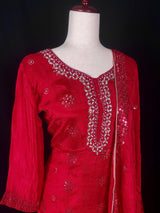 Readymade 3pcs Suit in Red Color For Women with Handwork - Kaash