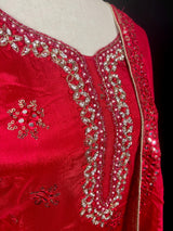Readymade 3pcs Suit in Red Color For Women with Handwork - Kaash