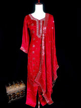 Readymade 3pcs Suit in Red Color For Women with Handwork - Kaash