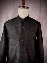 Readymade Black Color Raw Silk Men Short Kurta - Kaash