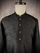Readymade Black Color Raw Silk Men Short Kurta - Kaash