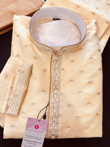 Readymade Cream Color Men Kurta Pajama Set with designer pattern in Raw Silk | PartyWear, Festival and Wedding Mens | Pastel Color Kurta - Kaash