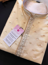 Readymade Cream Color Men Kurta Pajama Set with designer pattern in Raw Silk | PartyWear, Festival and Wedding Mens | Pastel Color Kurta - Kaash