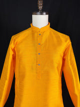 Readymade Mustard Yellow Color Raw Silk Men Short Kurta - Kaash
