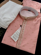Pastel Light Pink (with Peach Tint) men's kurta pajama in raw silk with hand embroidery & mirror work on neckline — Kaash Collection