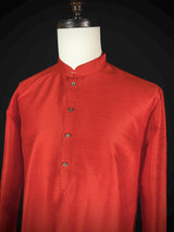 Readymade Saffron Color Raw Silk Men Short Kurta - Kaash