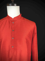 Readymade Saffron Color Raw Silk Men Short Kurta - Kaash