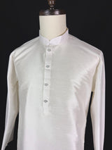 Readymade White Color Raw Silk Men Short Kurta - Kaash
