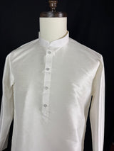 Readymade White Color Raw Silk Men Short Kurta - Kaash