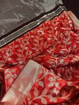 Red and Black Color Handloom Linen Jamdani Silk Saree with Striped Borders - Kaash