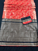 Red and Black Color Handloom Linen Jamdani Silk Saree with Striped Borders - Kaash