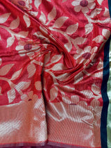 Red and Black Color Handloom Linen Jamdani Silk Saree with Striped Borders | Gold Zari Weaving | Linen Saree | Jamdani Sarees - Kaash