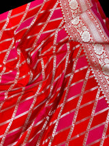Red and Hot Pink Mashru Silk Saree, Muted Gold Zari Weave - Kaash