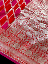 Red and Hot Pink Mashru Silk Saree, Muted Gold Zari Weave - Kaash