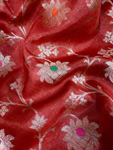 Silk Mark Certified Red & Pastel Aqua Pure Banarasi Tussar saree in pure banarasi tussar silk with copper & muted gold zari jaal with meenakari — Kaash Collection