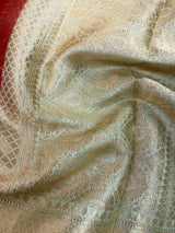 Silk Mark Certified Red & Pastel Aqua Pure Banarasi Tussar saree in pure banarasi tussar silk with copper & muted gold zari jaal with meenakari — Kaash Collection