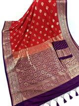Red & Purple Banarasi saree in pure banarasi semi katan silk with copper zari weave with floral pattern — Kaash Collection