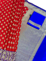 Red with Blue & Purple Banarasi saree in banarasi silk with double floral with 8" wide zari border — Kaash Collection